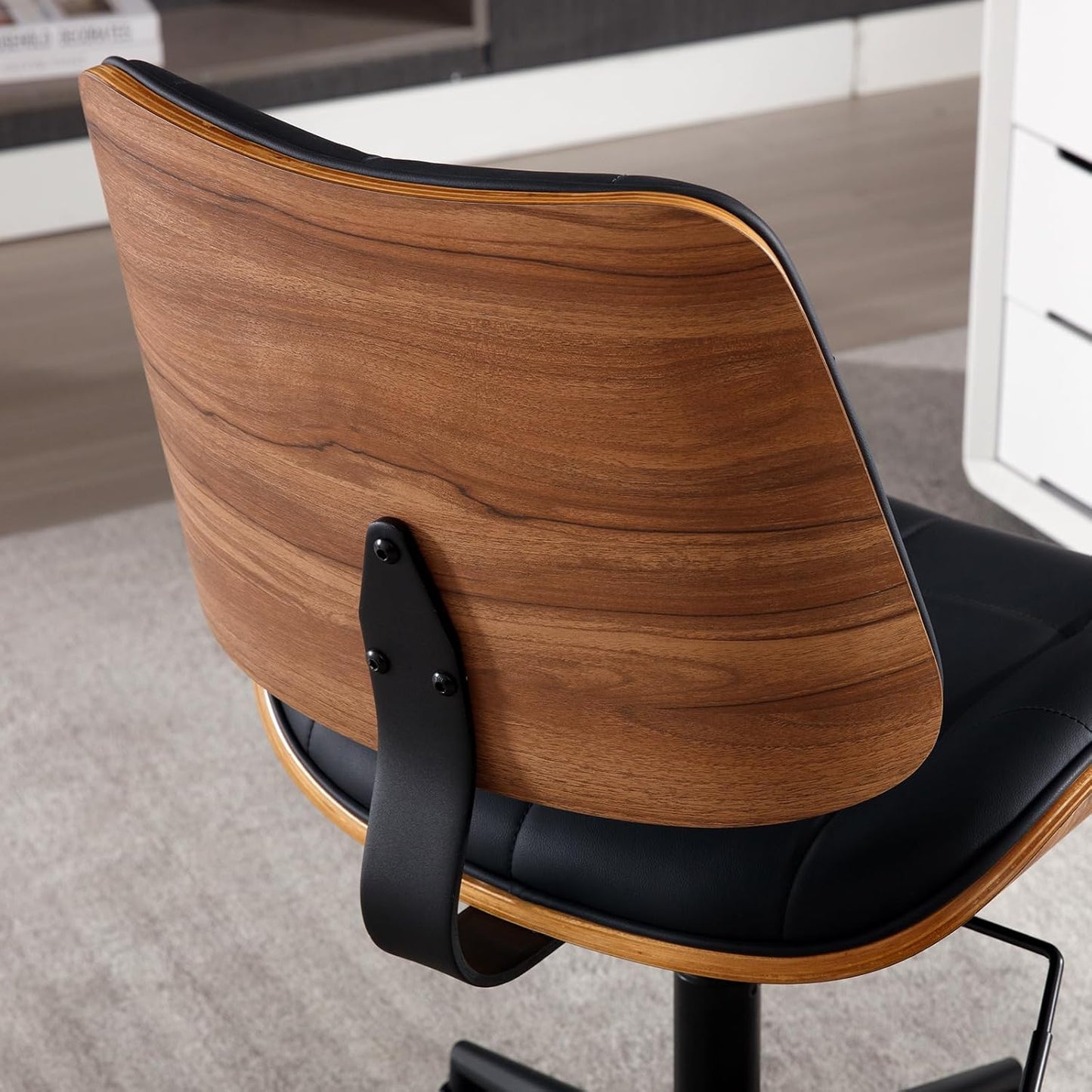 Home Office Desk Chair with Wheels, Adjustable Height Armless Office Chair, PU Leather Mid Back 360° Small Computer Chair, Modern Walnut Chair No Arms for Office, Reading Meeting Room(Black)