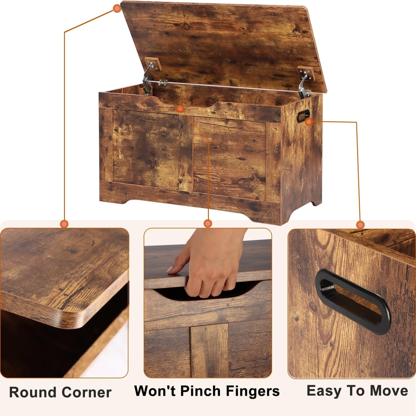 31.5" Storage Chest, Wooden Storage Bench, Lift Top Toy Chest with 2 Safety Hinges, Large Toy Box, Entryway Shoes Bench for Living Room, Bedroom, Rustic Brown