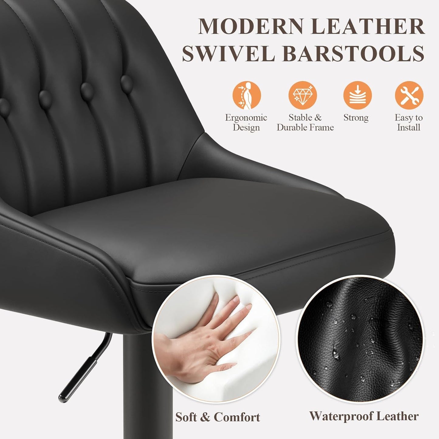 Bar Stools Set of 1, Swivel Bar Chairs, Modern Adjustable PU Leather Upholstered Barstools Counter Height with Tufted Back for Bar, Kitchen Counter Island, Dining Room, Black