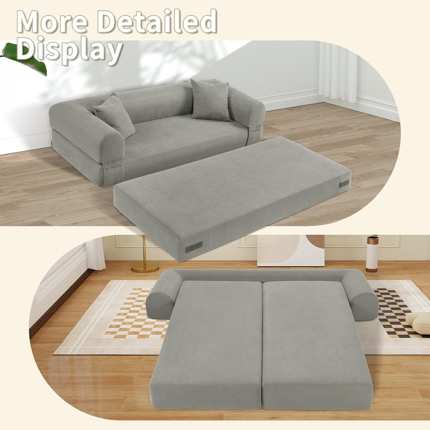 80" Convertible Sofa Bed, 3-in-1 Corduroy Folding Pull Out Couch with Pillows, No Assembly Modern Boneless Couch Compression Sofa in Box, Floor Sofa with Side Storage Pocket for Living Room,Light grey