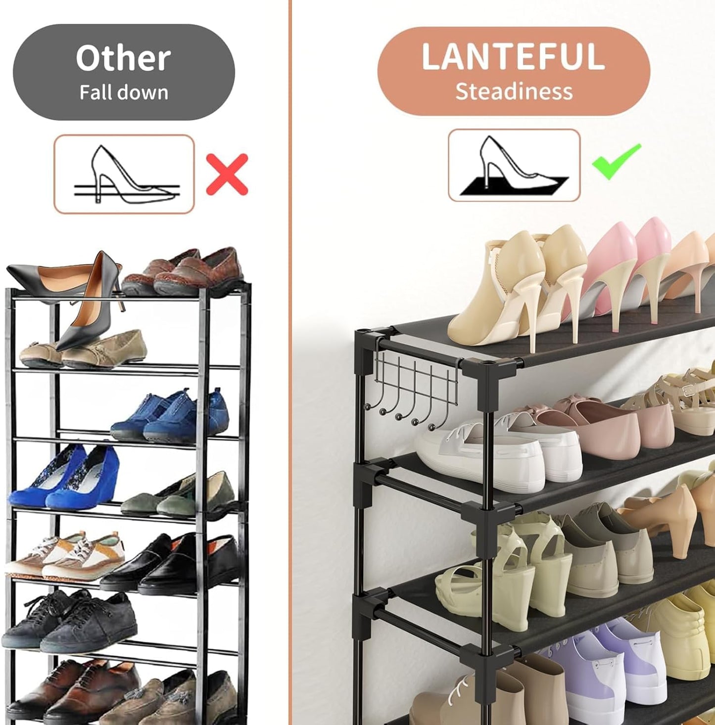10 Tiers Shoe Rack 50 Pairs Large Capacity Tall Shoe Organizer Sturdy Shoe Storage with Two Hooks Space Saving Metal Wide Shoe Rack for Closet, Entryway, Bedroom, Black