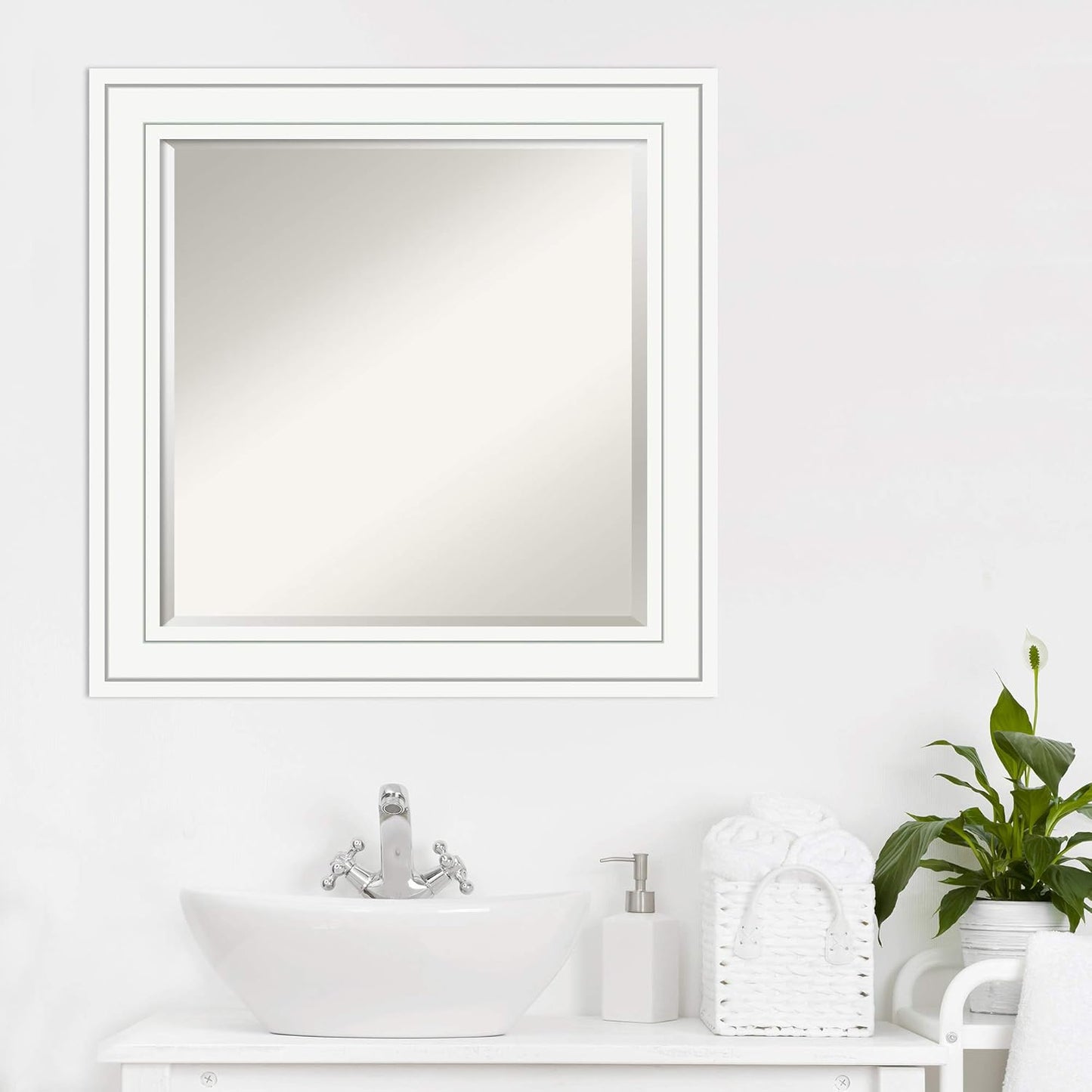 Amanti Art White Bathroom Mirror for Over Sink, 25x25 Craftsman White Square Vanity Mirror, Medium Casual Wood Frame, Hangs Horizonally and Vertically, Bathroom Wall Decor, Beveled Edge from WI, USA
