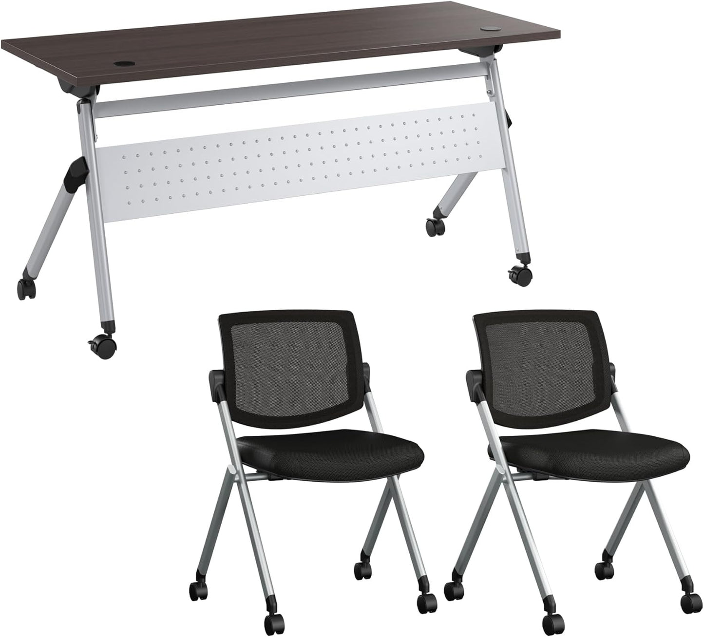 Bush Business Furniture Folding Training Table Set for 2, 60 inch, 2 Mesh Back Folding Chairs, Commercial-Grade Bundle for Office or Classroom, Envision Collection, Gray