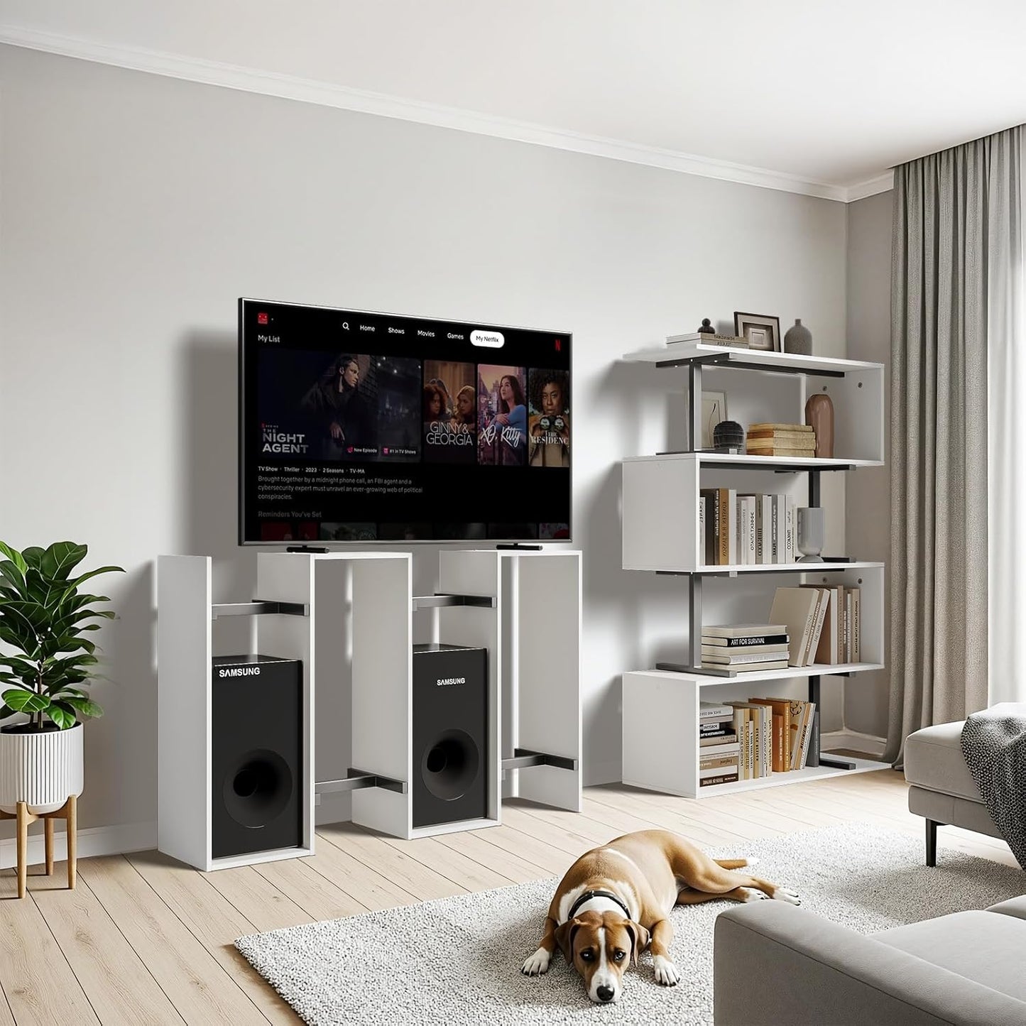 5-Tier Geometric Bookshelf, S Shaped Bookcase, 31.5" W x 58.3" H Wood Decorative Storage Shelving, Modern Freestanding Display Shelves, Tall Book Shelf Unit for Living Room Bedroom