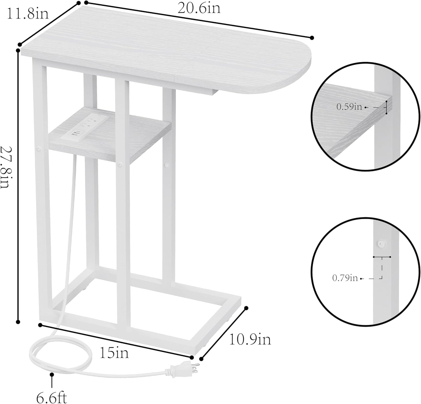 C Table End Table with Charging Station, Couch C Shaped Side Table for Living Room, Bedroom, Laptop Table with USB Ports and Type-C Port, Snack Tray Table for Couch