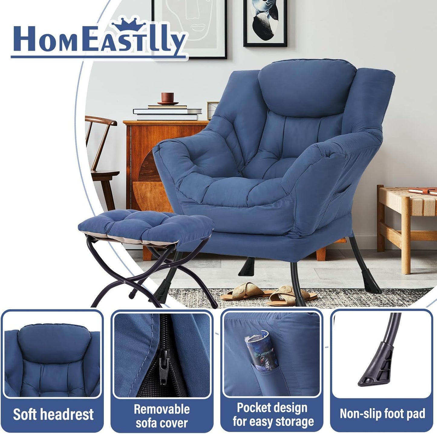 Large Lazy Chair with Ottoman, Accent Reading Chair with a Footrest, Cozy Lounge Armchair, Leisure Sofa Armchair for Living Room, Bedroom, Dorm Room, Office (Royal Blue)