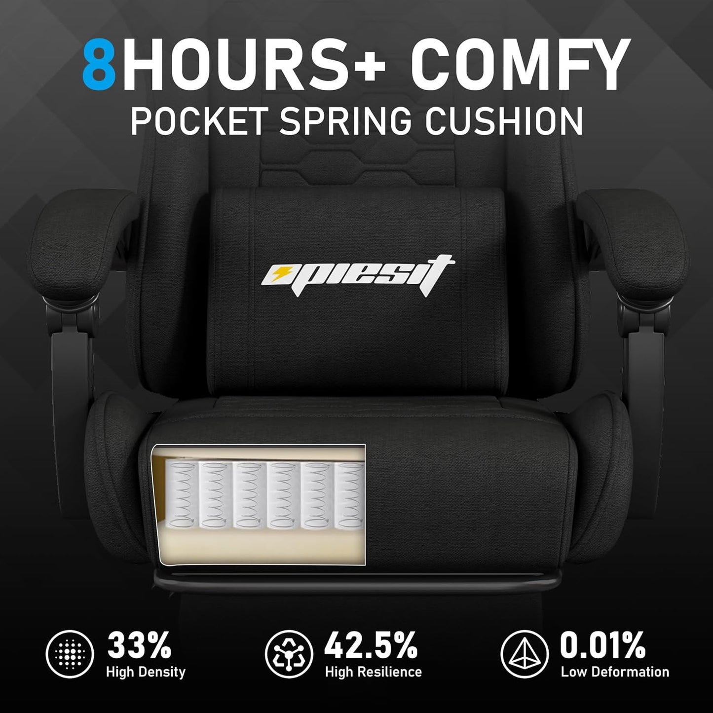 Gaming Chair, Computer Chairs for Adults with Lumbar Support and Massager, Comfortable Gamer Chair with Footrest & Pocket Spring Cushion, Ergonomic Home Office Chair, Black, Fabric