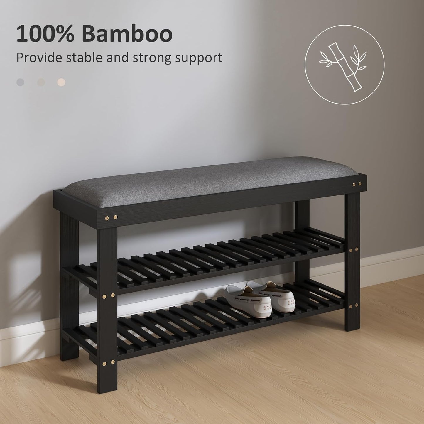 HOMCOM Bamboo Shoe Bench, 3-Tier Entryway Bench with Storage and Cushion, Shoe Organizer for Entryway, Hallway, Holds Up to 331 lbs, 35.4 x 11.4 x 19.3 Inches, Black