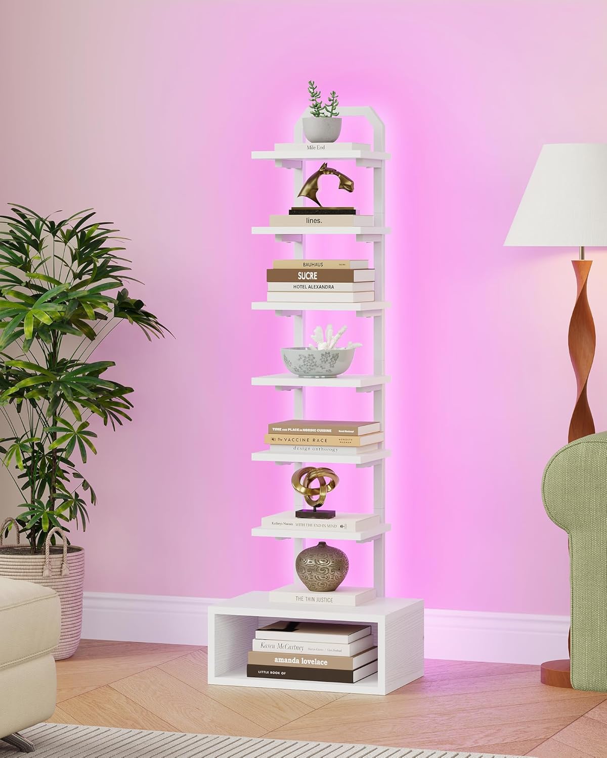 8-Tier Bookshelf, LED Bookcase with Semi-Open Bottom, Small Space Standing Shelf with Lights, Corner Storage Stand, for Living Room, Home Office, Bedroom, White TSJ08DWB