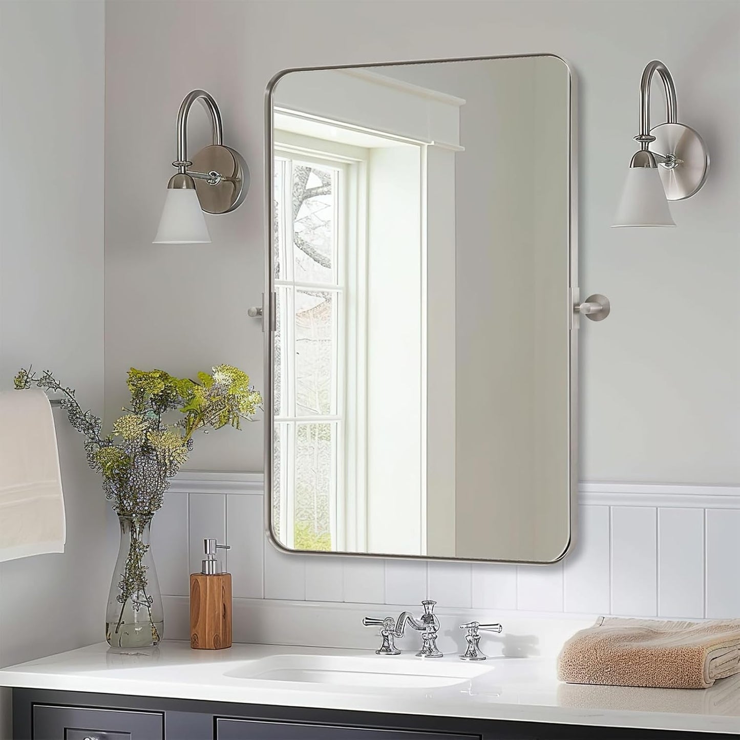 MOON MIRROR Brushed Nickel Pivot Mirror for Bathroom, Tilt Rounded Rectangle for Vanity, Overall 28.33 x 32 in (Mirror 24x 32 in)