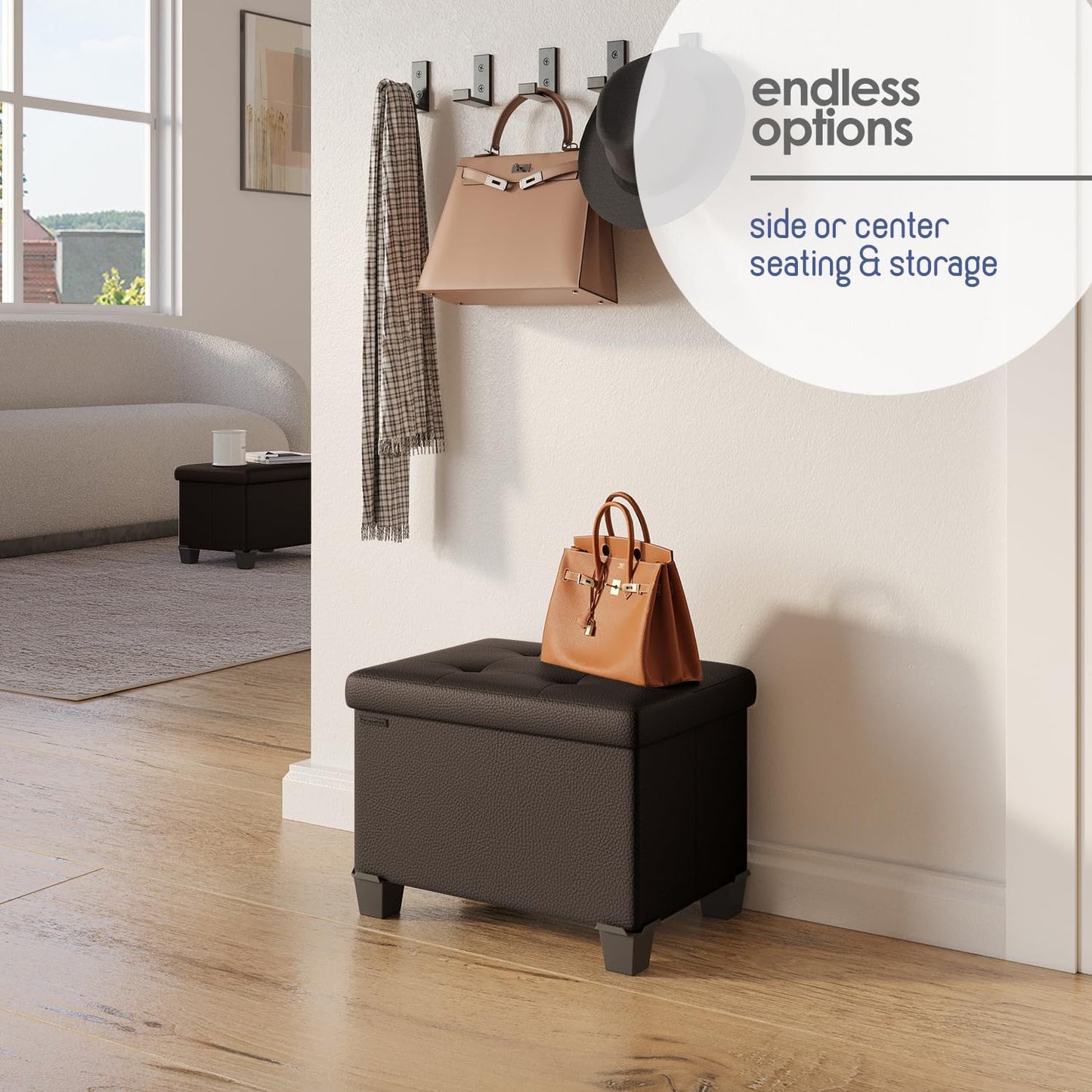 STORAGEBUD Storage Ottoman Cube with Small Bin, 16-in Square Ottoman with Storage for Living Room and Bedroom, Small Ottomans Foot Rest, Faux Leather Foot Stools Ottomans Max 330lbs, Brown