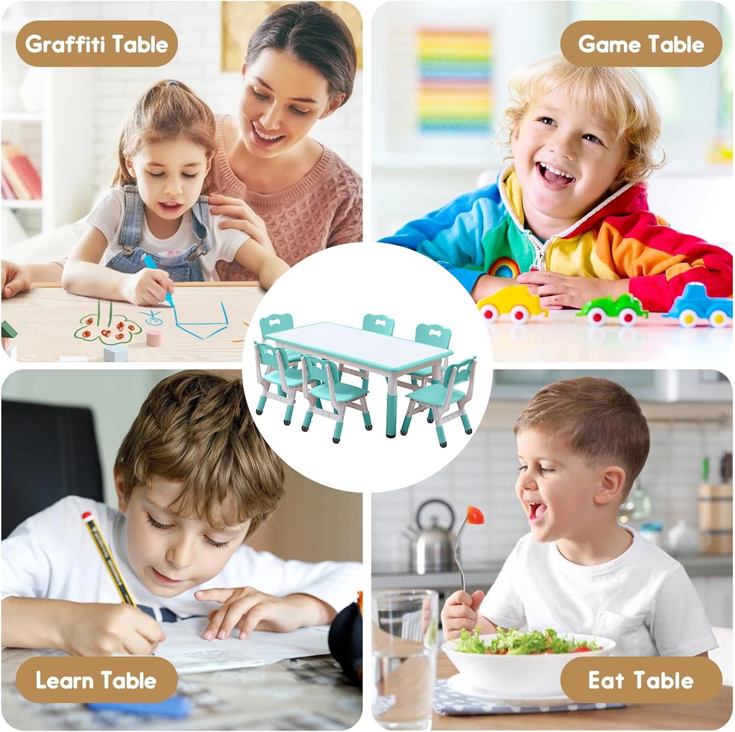 Kids Table and Chairs Set, Height Adjustable Desk With 6 Seats for Ages 2-12,Arts & Crafts Table,Graffiti Desktop, Non-Slip Legs, Max 300lbs, Children Multi-Activity Table for Classrooms,Daycares,Home
