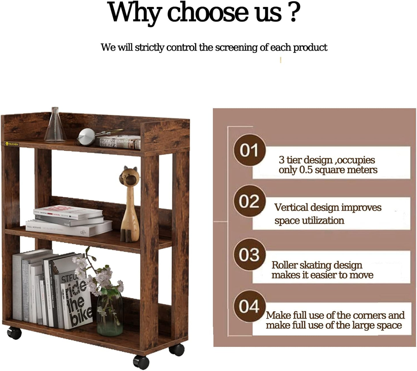 ALISENED 3 Tier Nightstand with Wheels, Wood Small Bookshelf and Bookcase, Farmhouse Bedside End Table with Storage Rack for Bedroom, Library, Living Room, Home, Office Cart, Rustic