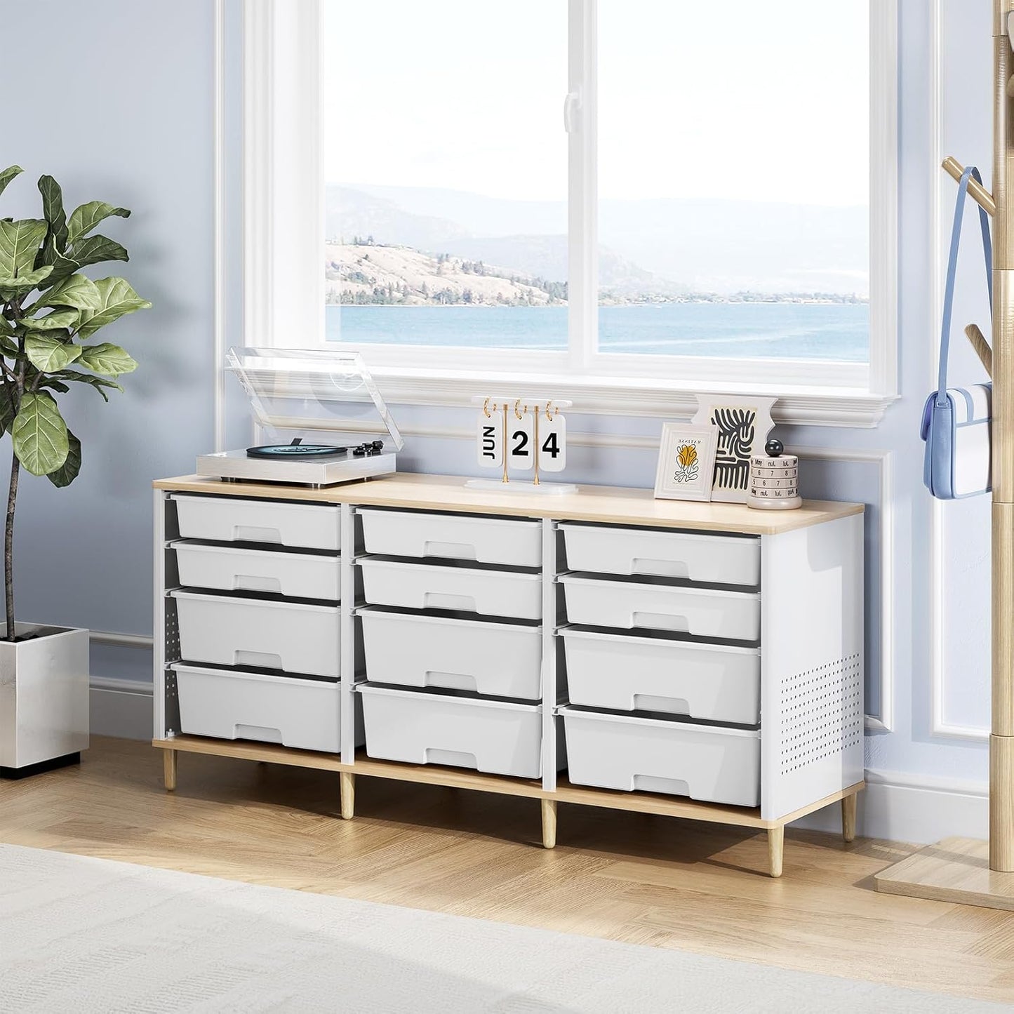 12-Drawer Storage Cabinet with Wooden Tabletop, Versatile Cube Storage Organizer Bin Storage for Home, Office, Playroom, Classroom & Craft Room Storage (White)