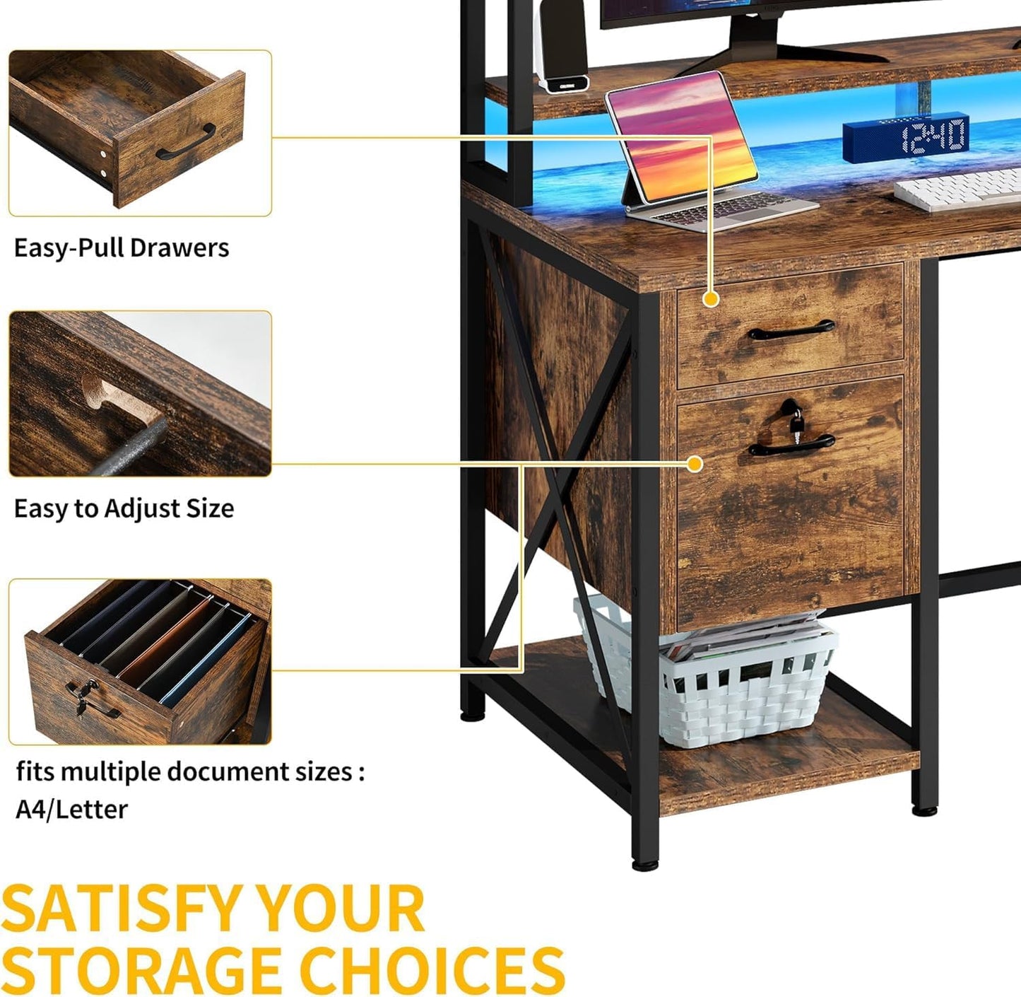 DWVO Computer Desk with Drawers & Hutch, 59.1" Office Desk with Power Outlets & LED Lights, Home Office Desk with Storage Shelves, Rustic Brown