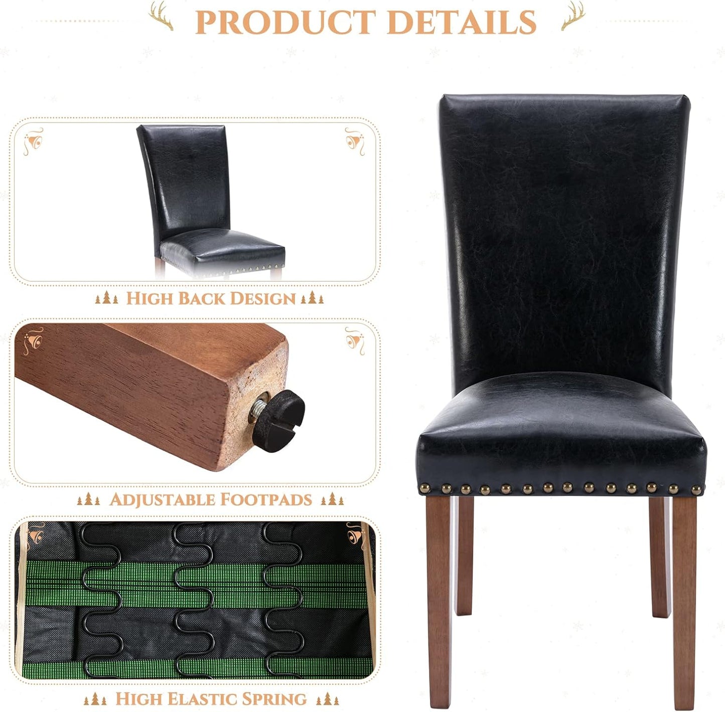 Parsons Dining Chairs Set of 2, Upholstered Nailhead PU Leather Dining Room Kitchen Side Chair with Thick Cushions and Wood Legs, Black