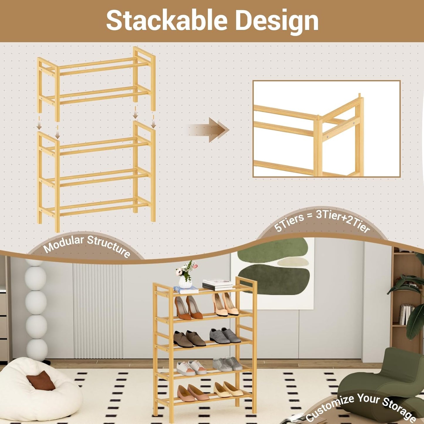Haddockway Bamboo Shoe Rack for Closet, Free Standing Shoe Organizer with Smooth Round Rods & Convenient Handles, Stackable Shoe Storage Shelf for Entryway, Hallway(Natural, 5-Tier(Small))