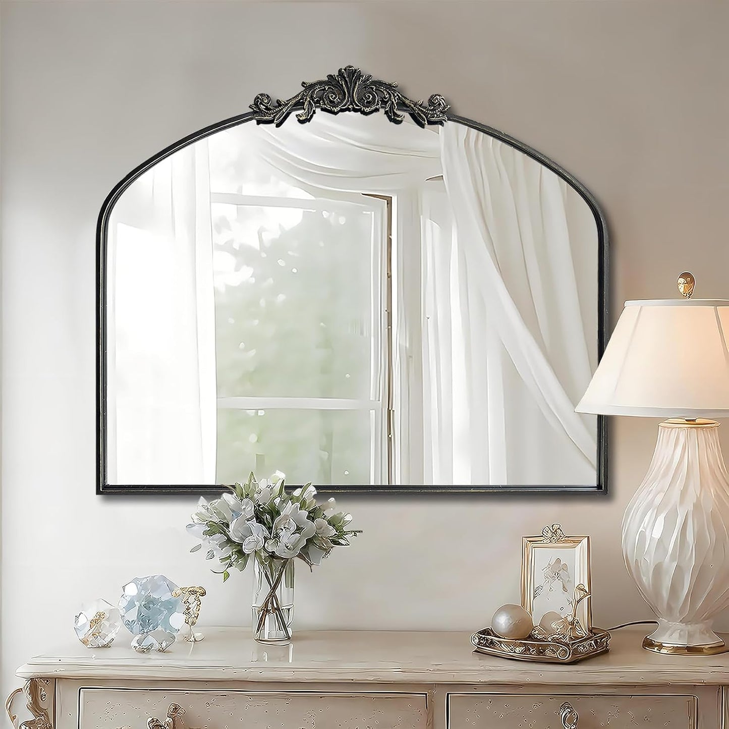 WAMIRRO Ornate Black Mirror,Vintage Arched Baroque Antique Mirorrs for Living Room Hallway Fireplace Bathroom Entryway 36"X30"