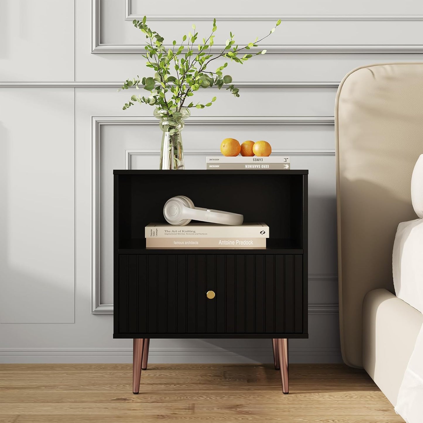 Black Night Stand Set 2,Modern Bedside Table with Door and Open Storage,Fluted Nightstand and Wood End Side Table with Rose Gold Metal Legs and Handles for Bedroom,Living Room,Black