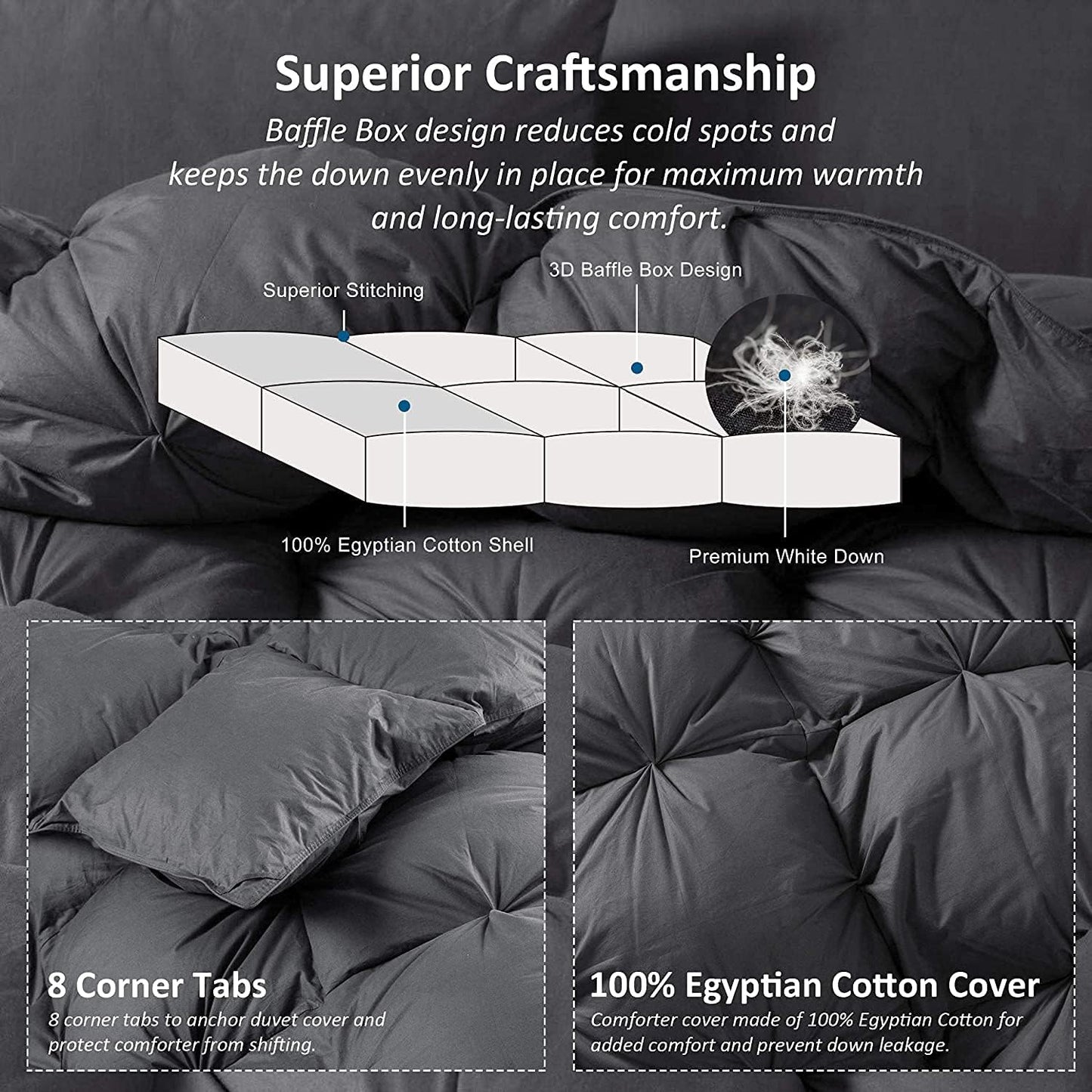 Luxurious Heavyweight Goose Down Feather Fiber Comforter, Exquisite Pinch Pleat Design, Oversize California King/Cal King 108 x 98, 100% Egyptian Cotton, 90 oz Fill Weight, Gray