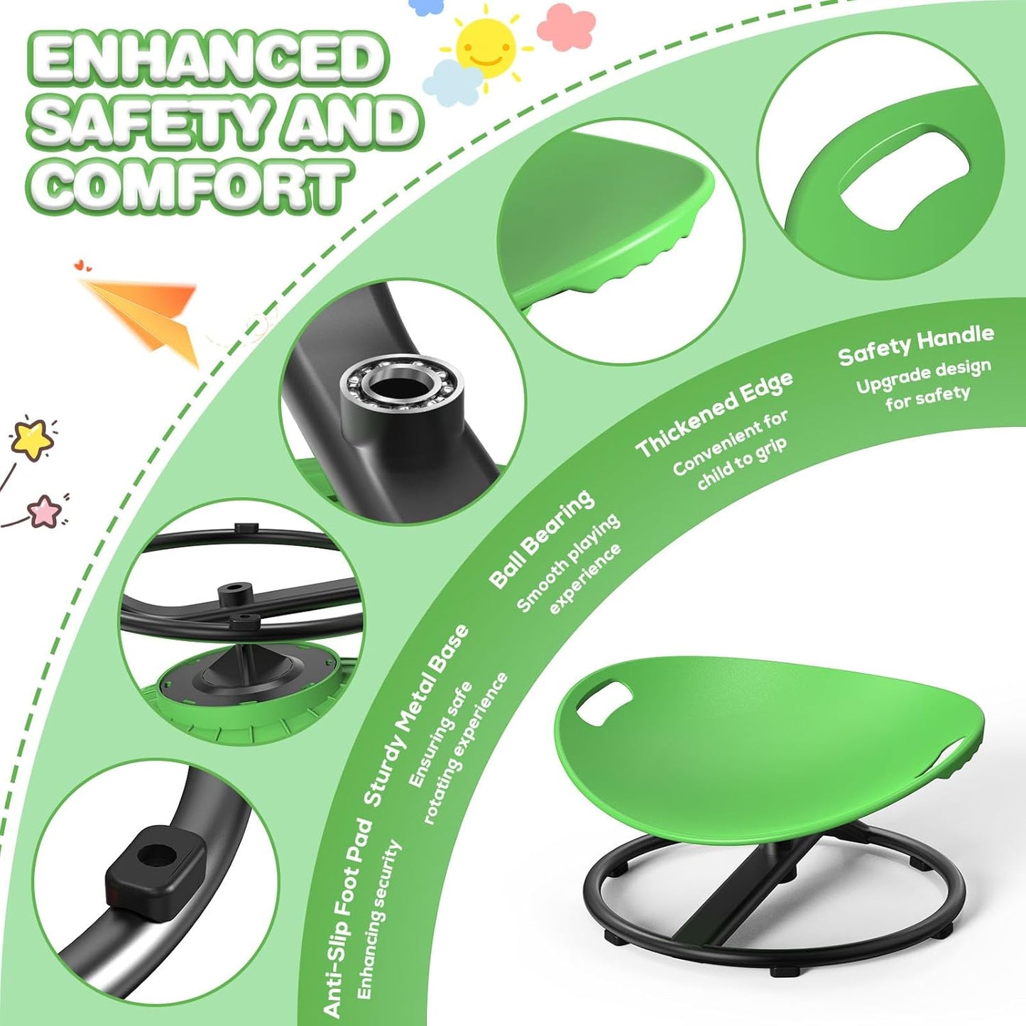 Spinning Chair for Autistic Kids - Safety Handle Sensory Chair for Autistic Children with Non-Slip Design, 3-12 Years Kids Swivel Chairs (Green)