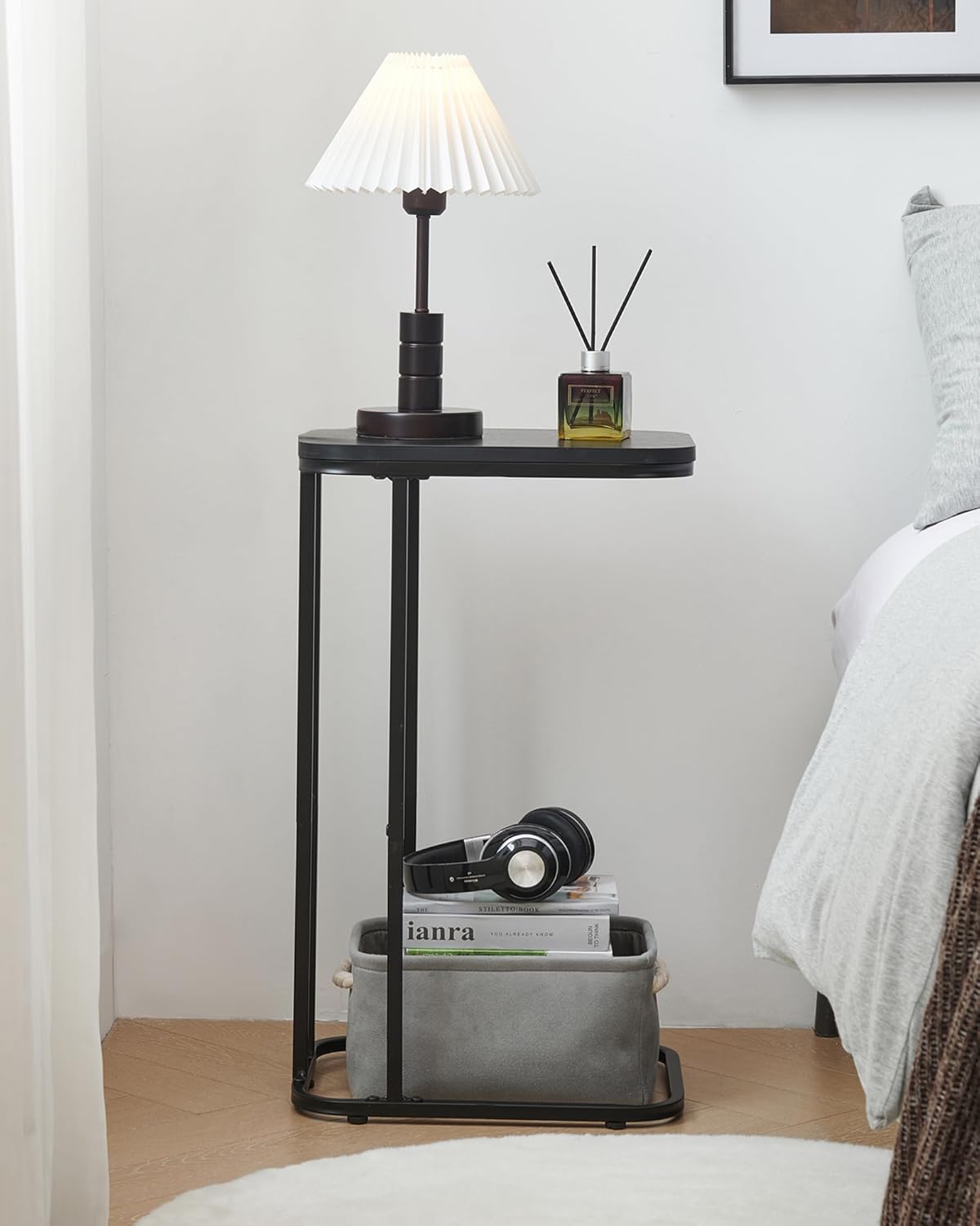 C Shaped End Table Set of 2, Small Side Table for Sofa and Bed, Couch Tables That Slide Under, Tall Tv Tray Table for Living Room, Bedroom, Ebony Black