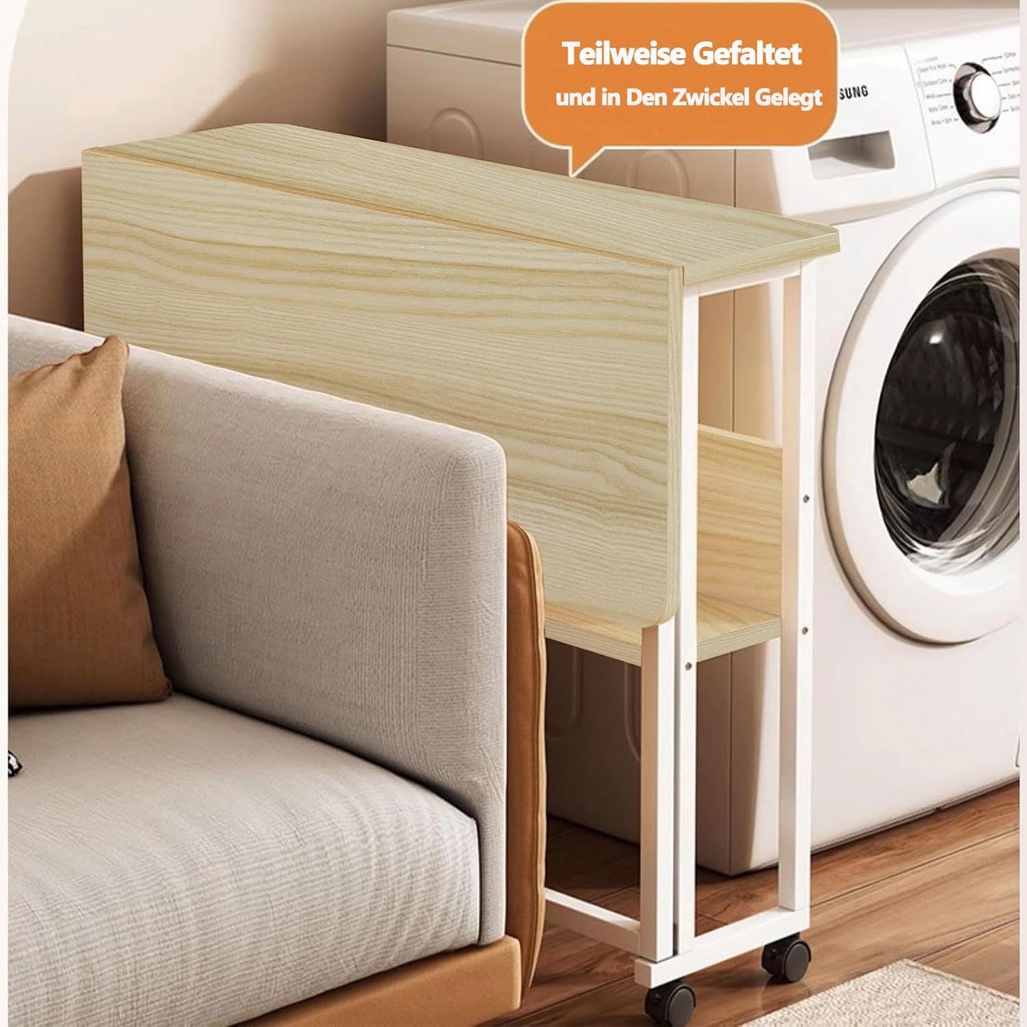 32'' Small Folding Table, Foldable Table with w/Rollers and Fixed Feets,Steel Frame and MDF Top,Couch Table for Small Space, Easy Assembly, Natural and White