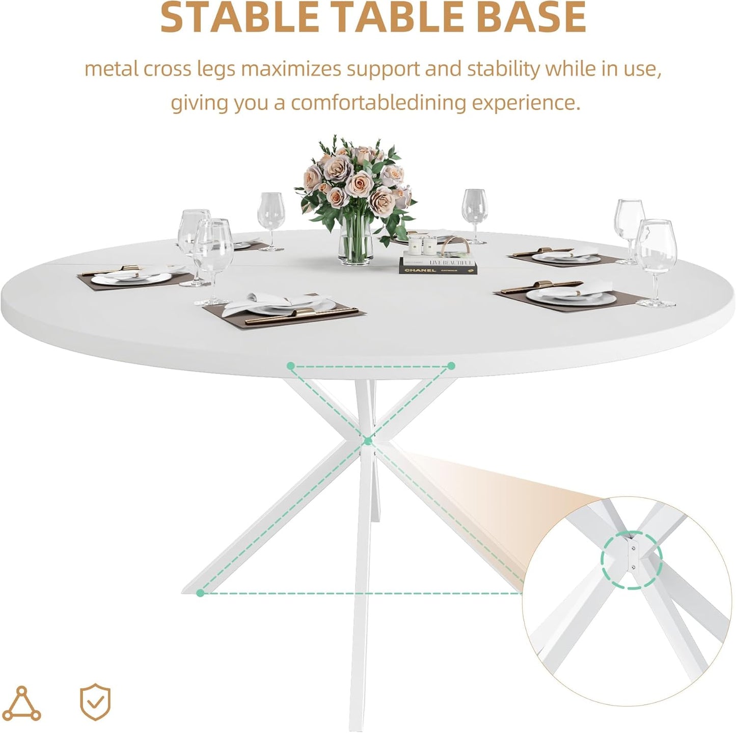 47.24" Round Dining Table, Modern Dining Room Table for 4-6 Person, Wood Round Kitchen Table with Metal Legs, Round Coffee Table for Home Dining Room Living Room (White)