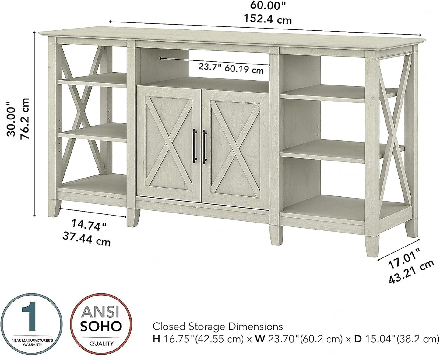 Bush Furniture Key West Tall TV Stand for 65 Inch TV in Linen White Oak, Farmhouse Entertainment Center with Storage