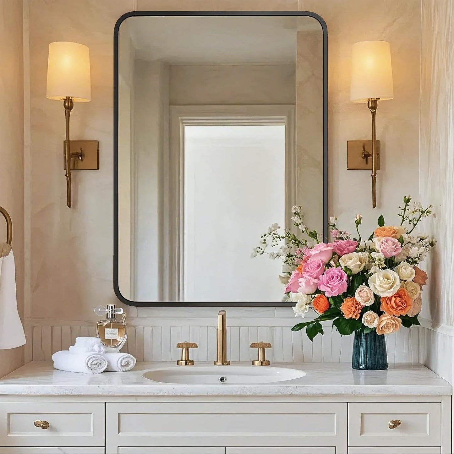 22"×30" Bathroom Mirror for Wall, Modern Bathroom Vanity Mirror, Black Bathroom Mirrors for Over Sink with Metal Framed HD Tempered Glass Hangs Horizontally or Vertically