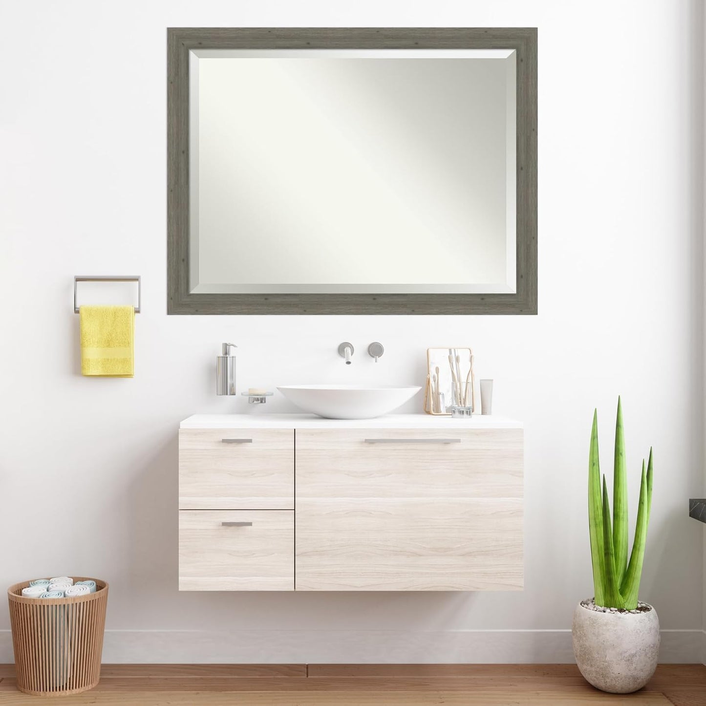 Amanti Art Grey Wall Mirror 35x45 Fencepost Grey Narrow Rectangle Bathroom Mirror for Wall Decor Living Room, X-Large Country Rustic Wood Frame, Hangs Horizonally and Vertically, Bathroom Decor,