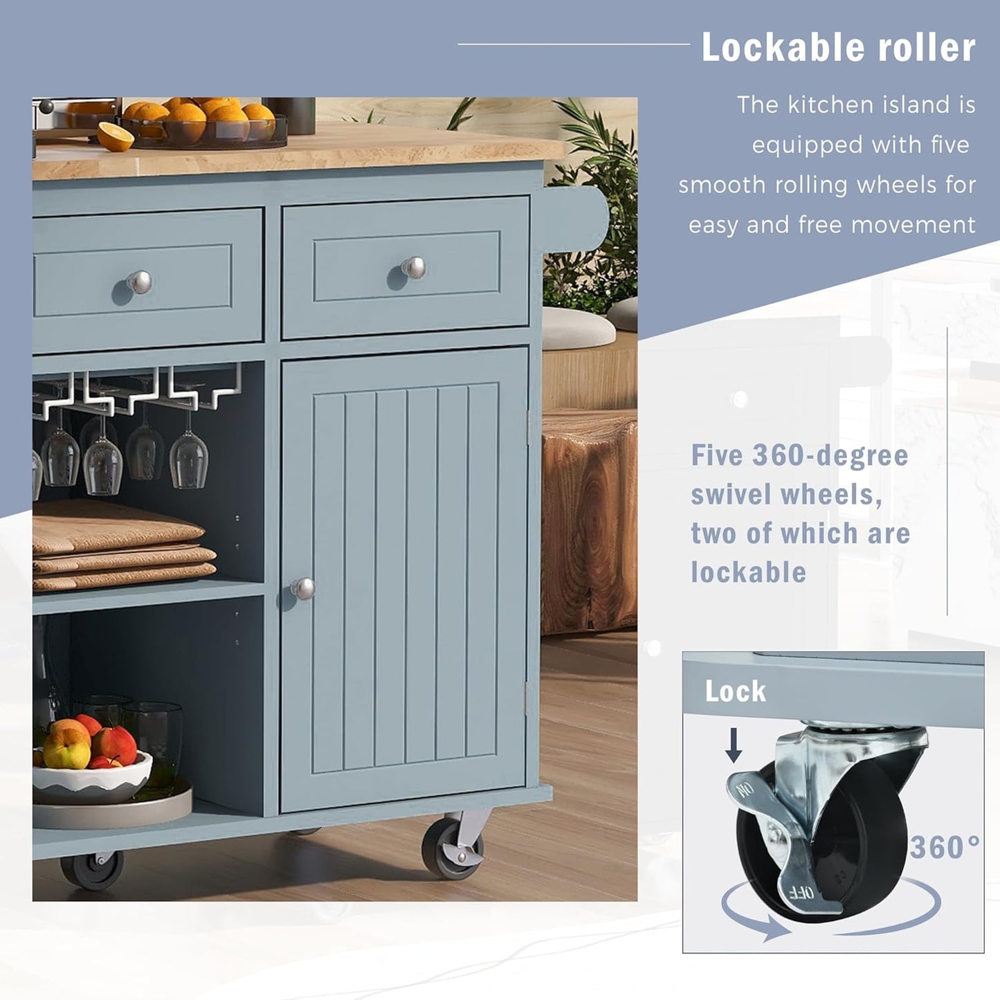 Merax Rubber Wood Kitchen Island with Adjustable Storage, Rolling Kitchen Storage Cart with Drop Leaf, Open Storage, Wine Rack, 5 Wheels for Home, Kitchen, Dining Room, Blue