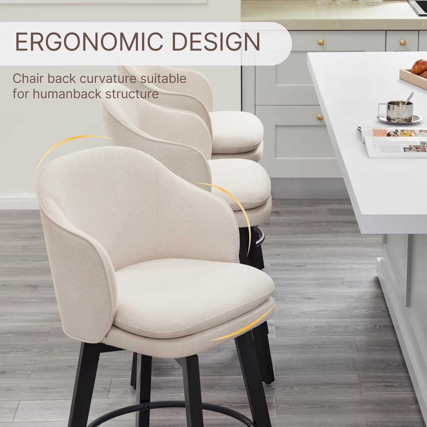 Counter Height Barstools 26 inch Upholstered Swivel Bar Stools with Back and Wood Legs for Kitchen Island,Set of 2,Beige Fabric