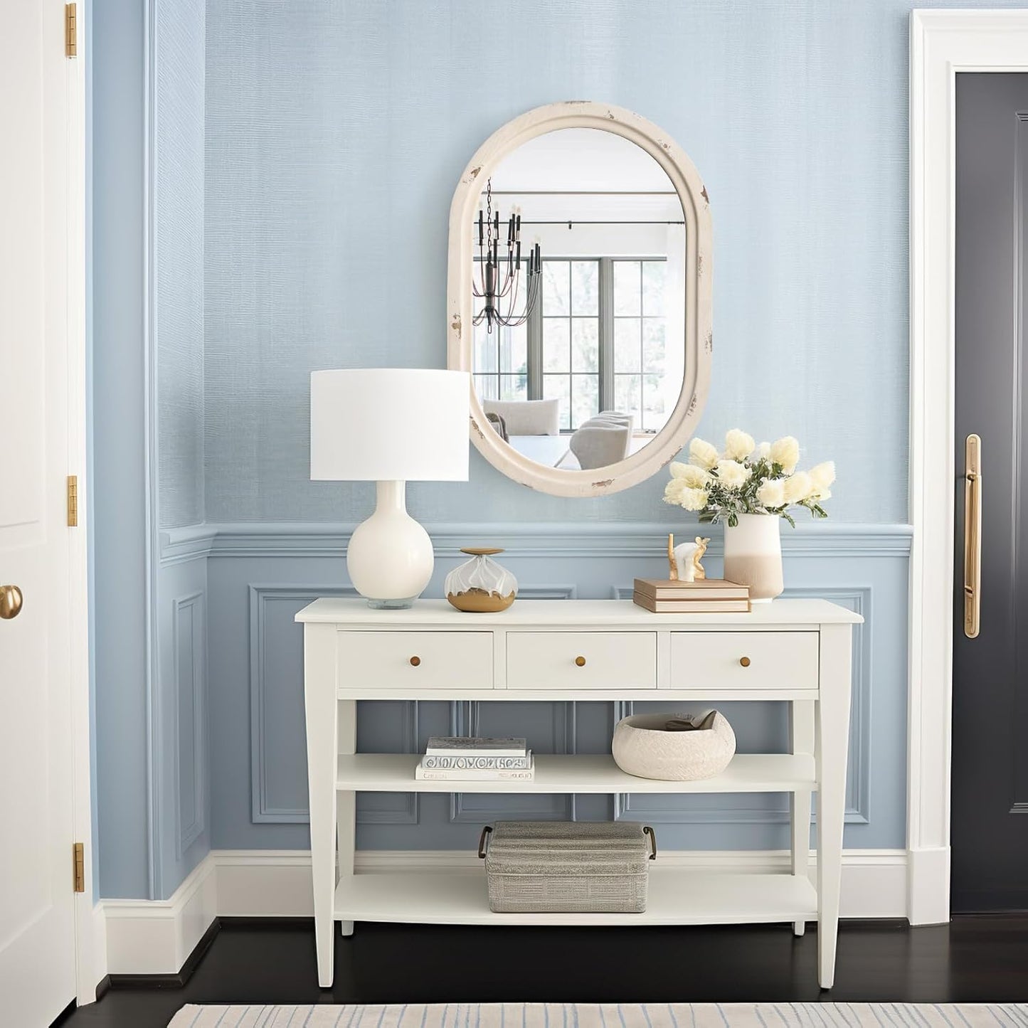 sawsile 20x30'' Rustic Oval Wood Mirror,Decorative Farmhouse Oval Mirrors,Vanity White Mirrors for Bedroom, Bathroom, Living Room,or Entryway