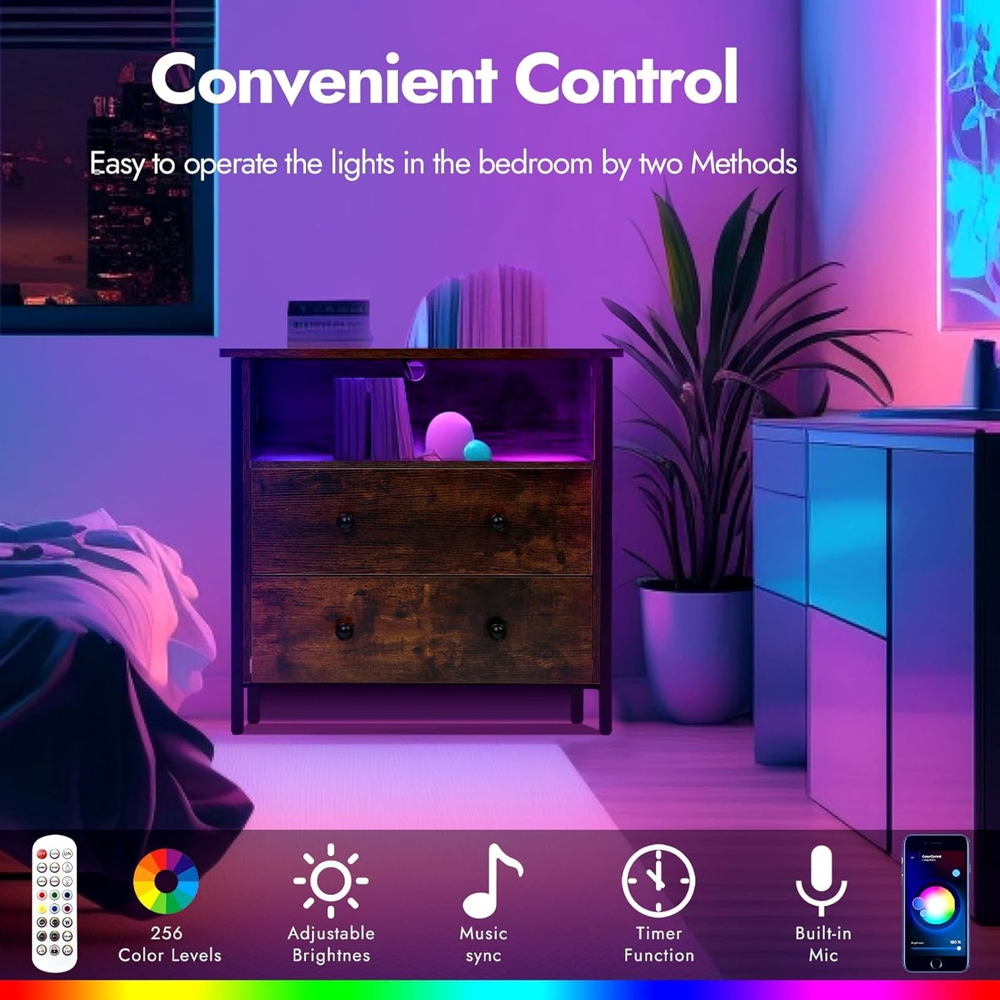 27 Inch Wide Night Stand, Large Wood Night Stand with 2 Drawers, LED Nightstand with Charging Station and Adjustable Drawer, Bedside Table for Living Room/Bedroom/Study/Office, Retro.