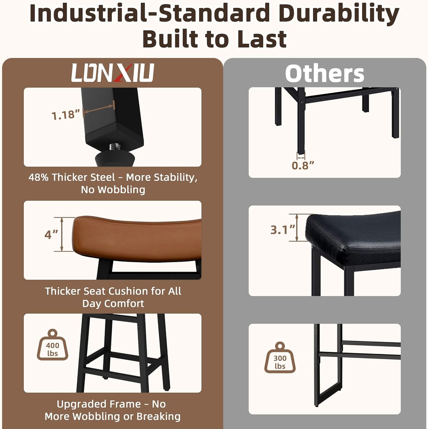 Counter Height Bar Stools Set of 2, 24 Inch Backless BarStools for Kitchen Island Leather Saddle Bar Chairs Kitchen Stools with 4" Thick Seats & Heavy Duty Metal Base, Brown