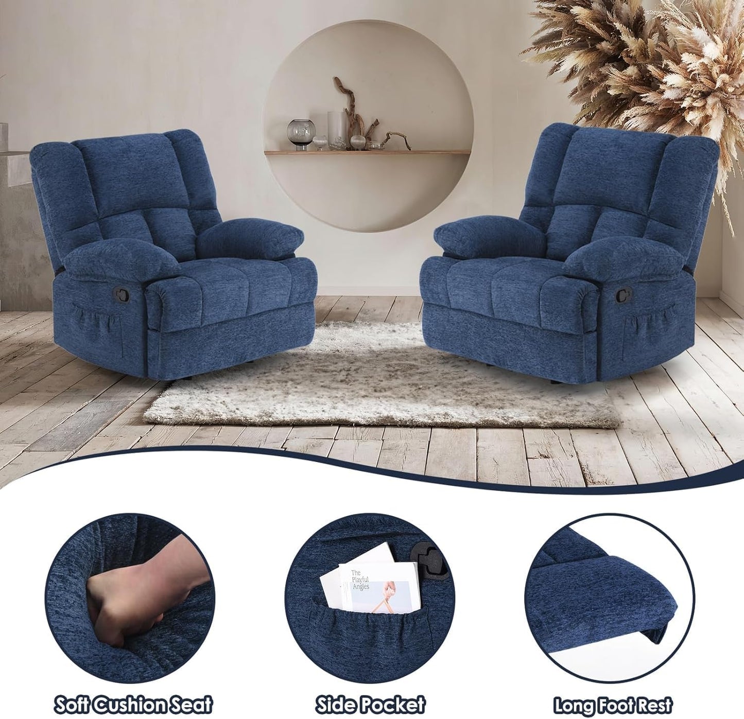 Oversized Rocker Recliner Chair, Wide Rocker Chair with Adjustable Backrest Footrest, Oversized Recliner for Adults, Reclining Sofa for Living Room, Navy