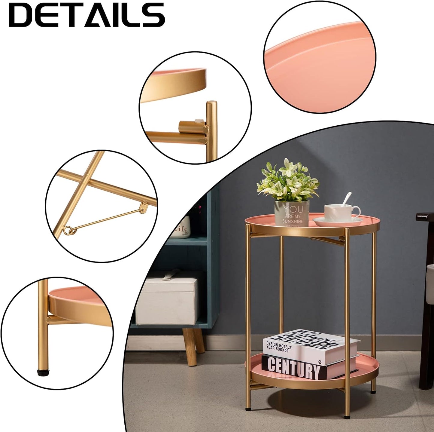 HollyHOME 2-Tier Round Gold Side Table, Outdoor Small Folding Accent Stand with Removable Tray, Anti-Rust Metal Asional Table for Balcony Patio Living Room, Nightstand for Bedroom(Gold&Pink)