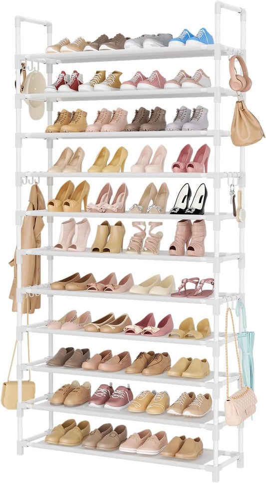 11 Tiers Tall Shoe Rack Holds 55 Pairs of Shoes with 18pcs Hooks Sturdy Wide Shoe Organizer Storage Free Standing Metal Shoe Shelf for Closet, Entryway White