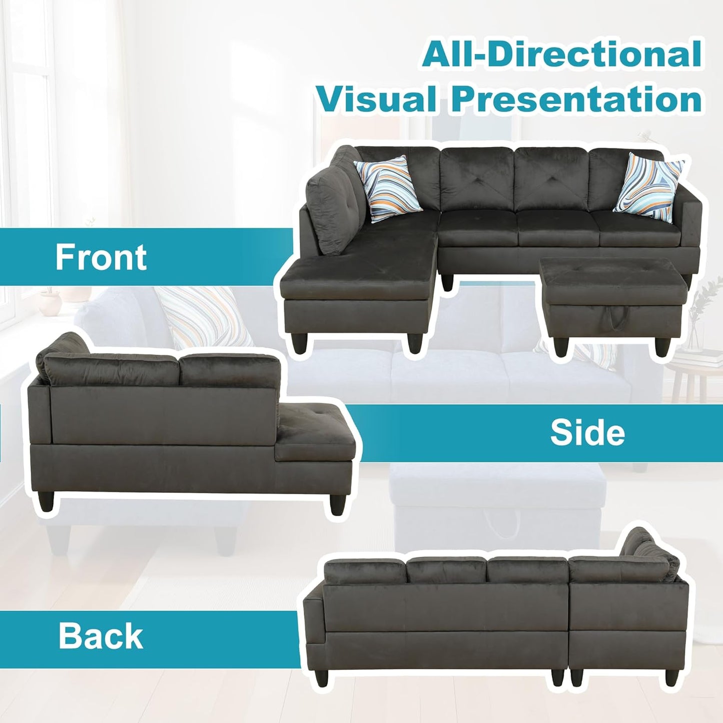 L Shaped Couch Modern Sectional Couch Upholstered Flannel Fabric 3 Pieces Sofas for Living Room with Chaise, Storage Ottoman for Office and Small Apartment, Grey