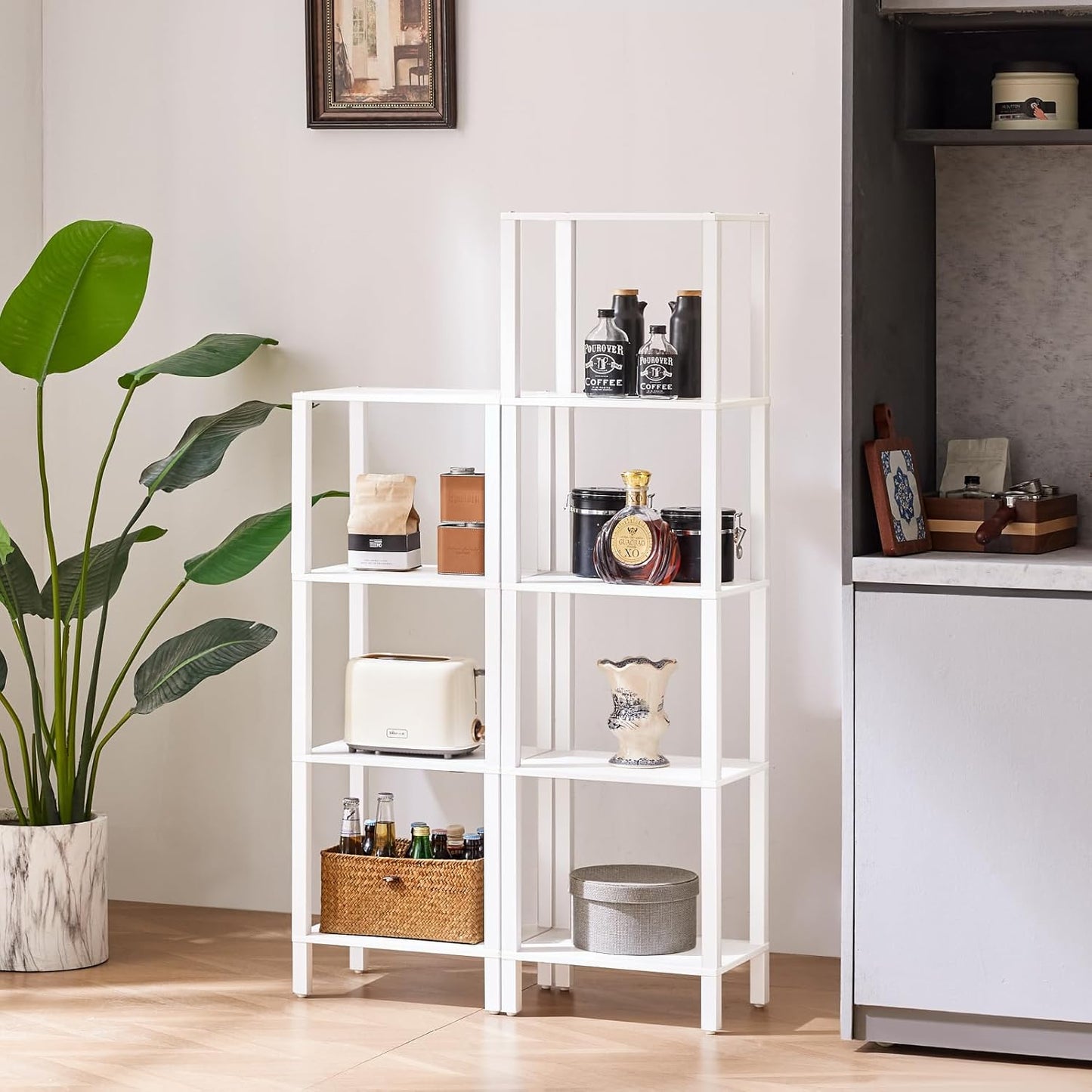 4 Tier Tall Wooden Bookshelf with Storage - Small White Bookcase for Small Spaces, Shelf for Living Room, Office, Bedroom, Kitchen - Industrial Modern Book Shelf