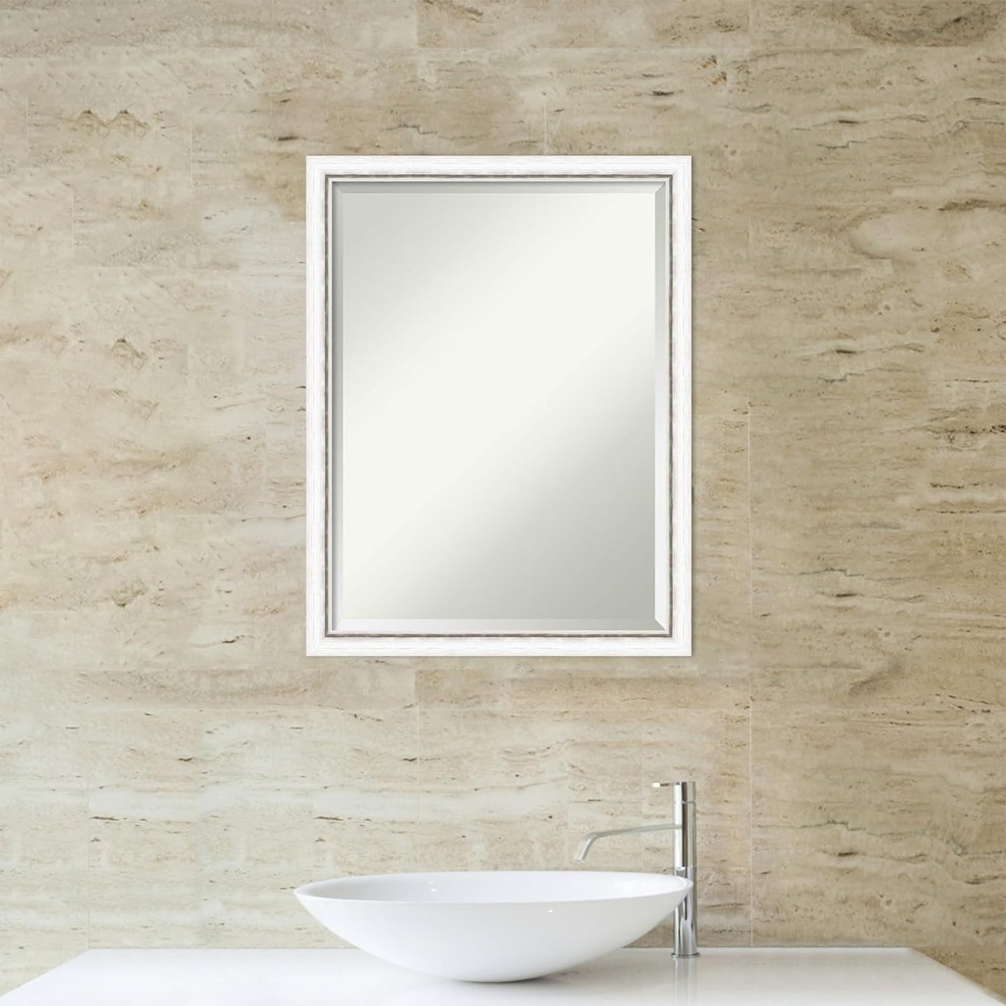 Amanti Art White Bathroom Mirror for Over Sink, 26x20 Morgan White Silver Rectangle Vanity Mirror, Medium Modern Contemporary Wood Frame, Hangs Horizonally and Vertically, Bathroom Wall Decor, Beveled