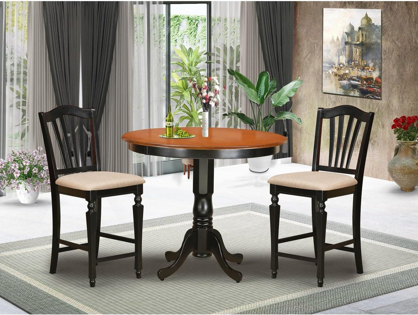 East West Furniture TRCH3-BLK-C 3 Piece Counter Height Dining Set for Small Spaces Contains a Round Kitchen Table and 2 Linen Fabric Dining Room Chairs, 42x42 Inch, Black & Cherry