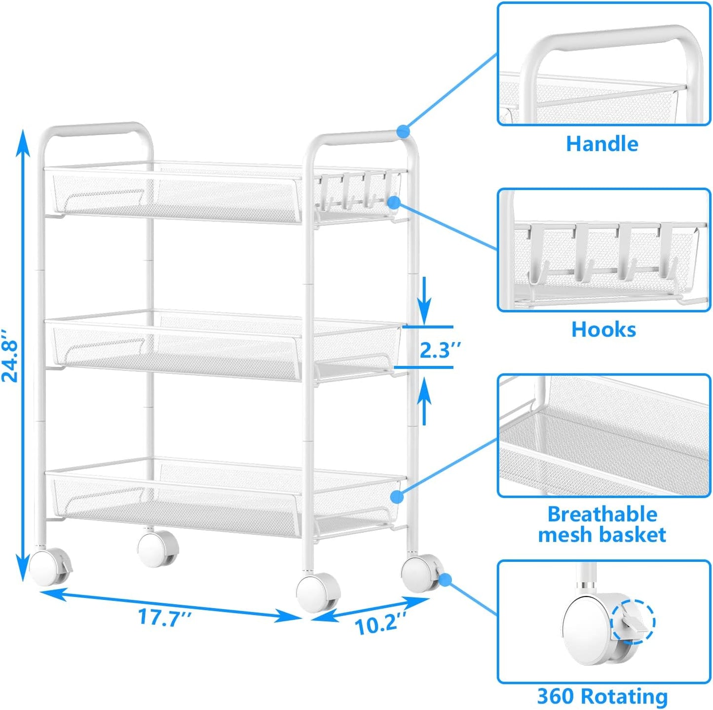 OVICAR Mesh Wire 3 Tier Rolling Cart, Kitchen Storage Utility Cart, Multifunction Basket Stand for Bathroom, Full Metal Storage Art Trolley Carts with Wheels & 4 Side Hooks (White)
