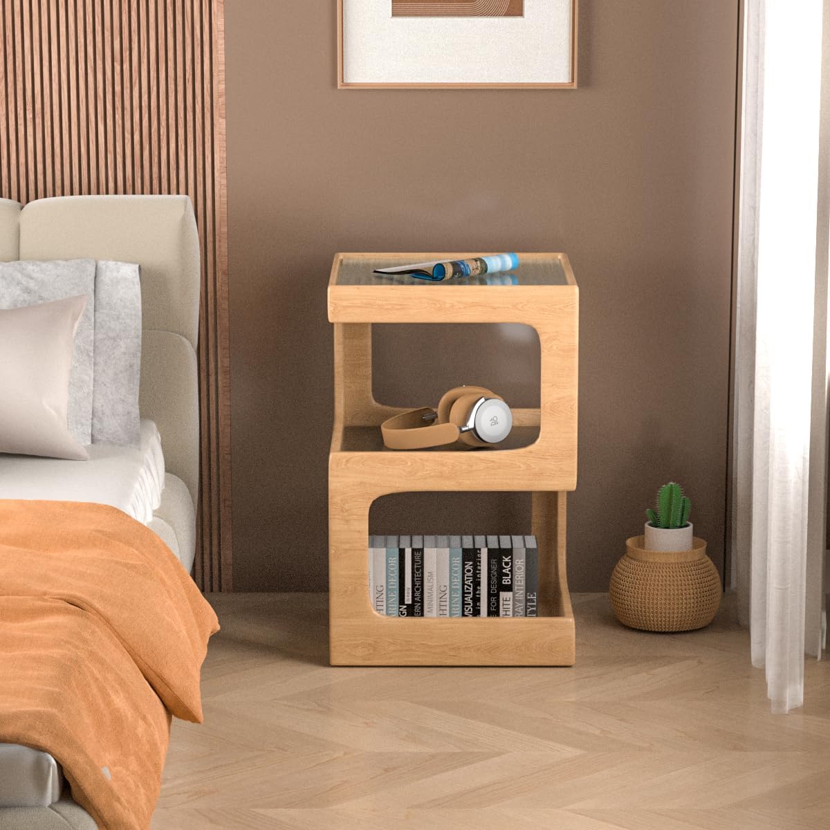 HOMEMORE Solid Wood Side Table Modern end Table Modern Nightstand No Assembly Required Accent Table for Living Room,Bedroom Log Color