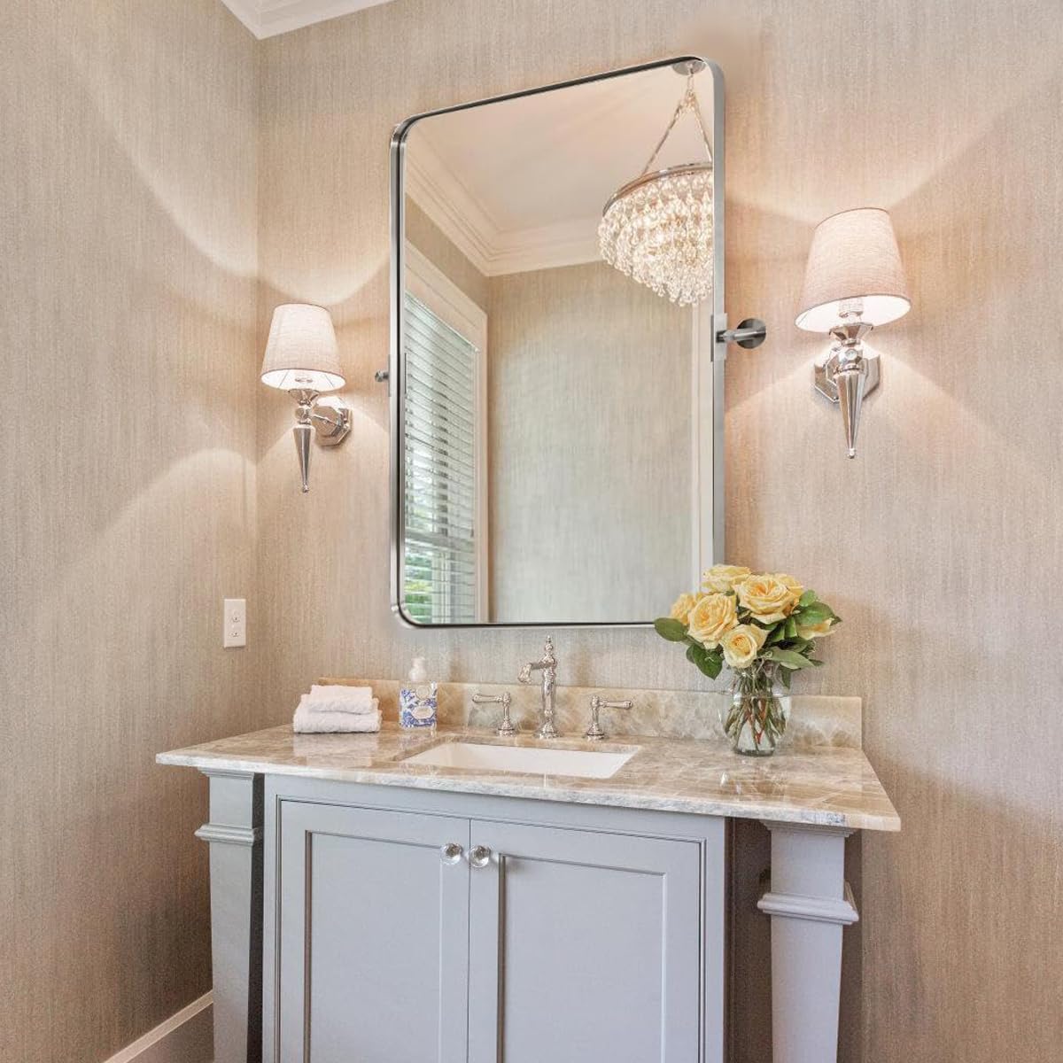 MOON MIRROR 24" x 36" Brushed Nickel Metal Framed Pivot Rectangle Bathroom Mirror, Silver Tilting Rounded Rectangular Vanity Mirror for Wall Mounted Hangs Vertical(Overall 27.75" x 36")