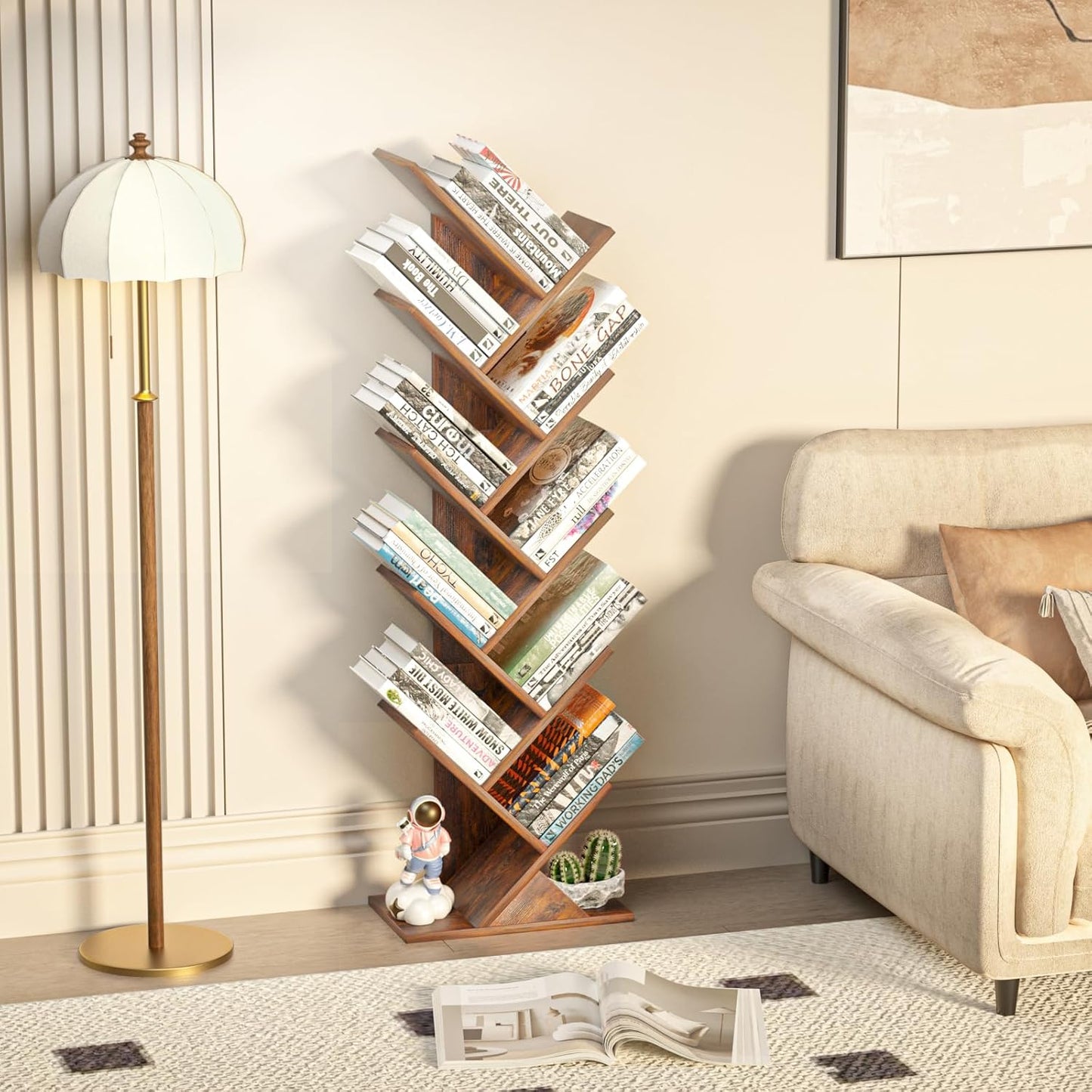 10 Tier Tree Book Shelf, Floor Standing Wood Bookshelf for Narrow Space, Storage Organizer Bookshelves for Books/CDs/Magazine, Bookcase with Shelves for Home Office, Living Room - Brown
