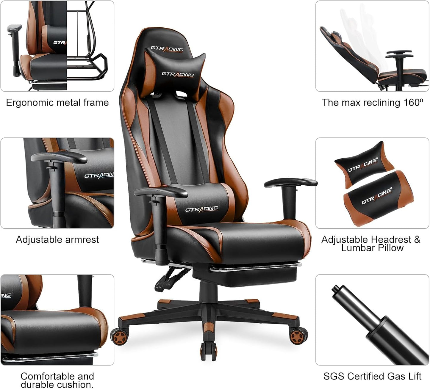 GTRACING Gaming Chair with Footrest, Ergonomic Computer Game Desk Chair, Reclining Gaming Chair Seat Height Adjustment, Swivel Rocker with Headrest and Lumbar (Brown)