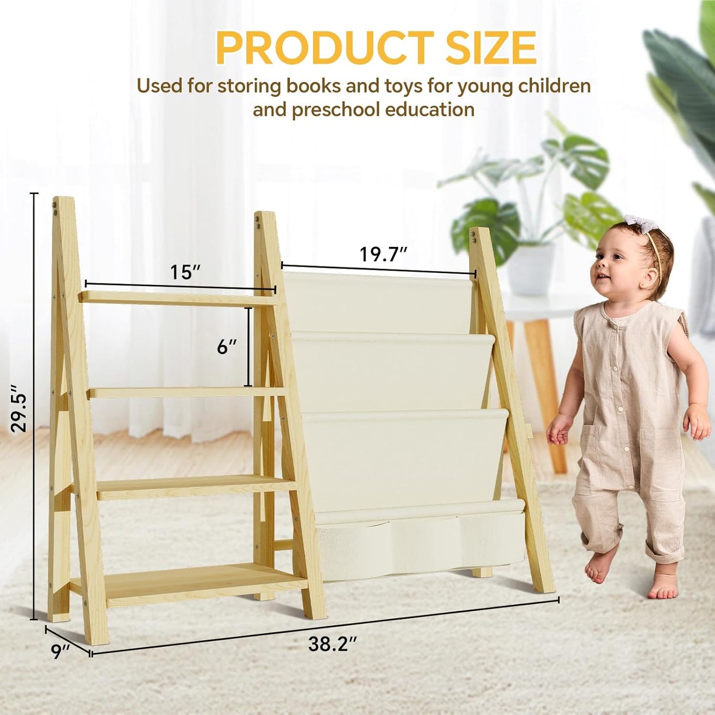 Toy Storage Organizer with Kids Bookshelf, Montessori Wooden Toy Organizer Book Shelf for Kids Rooms, Nursery, Playroom, Child, Baby, Toddler Bookcase, Toys Rack Fabric Sling Book Shelves