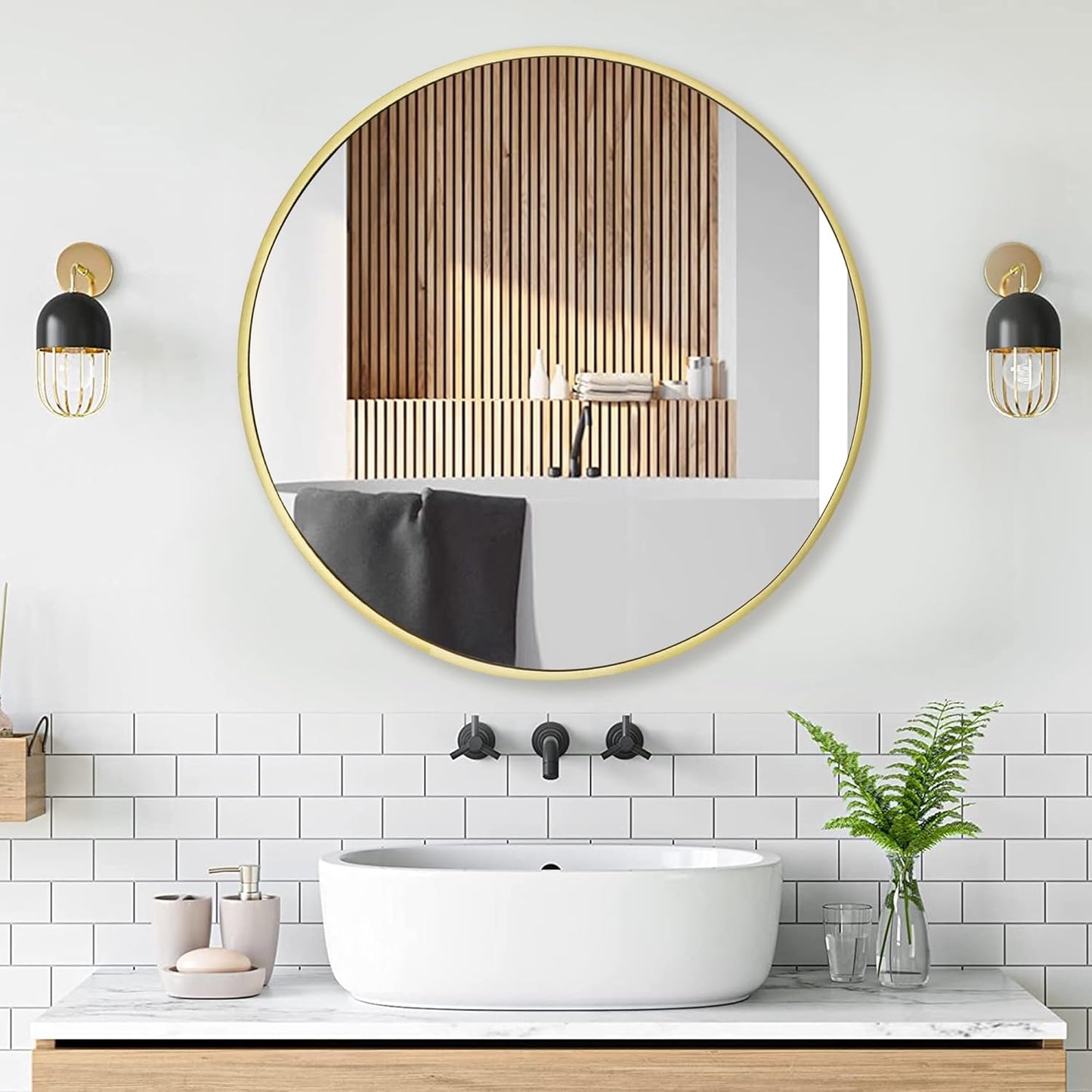 Gold Round Mirror 30 inch, Matte Gold Bathroom Mirror for Vanity, Brushed Metal Framed Circular Wall Mirror for Living Room, Hallway, Entryway